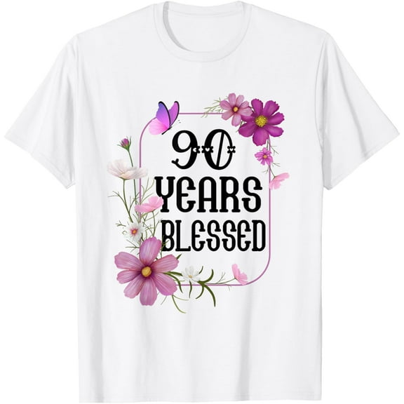Turning 90 Birthday Butterfly with Floral 90th Birthday T-ShirtMen and women, White T-shirt, size: Extra large