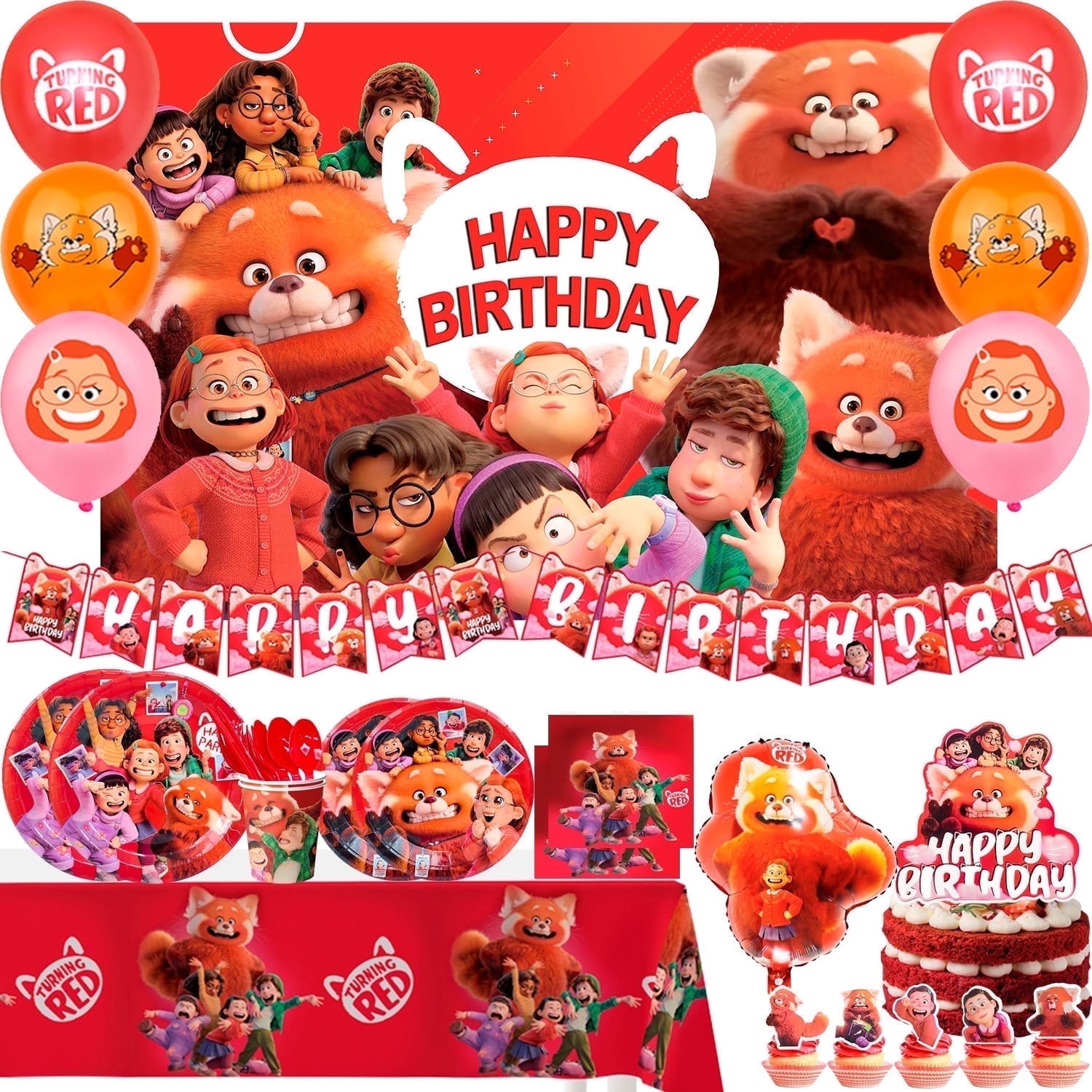 Turning Red Birthday Decorations,113 Pcs Turning Red Birthday Party Supplies Set-Turning Red Banner Balloons&Turning Red Party Plates Napkins Tablecloth etc Turning Red Party Decorations and Supplies