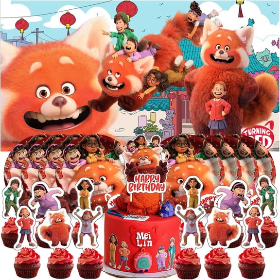 Turning-Red Birthday Party Decor Set - 5x2.3ft Backdrop Banner, Paper Plates, Cake Toppers & Fan Decorations