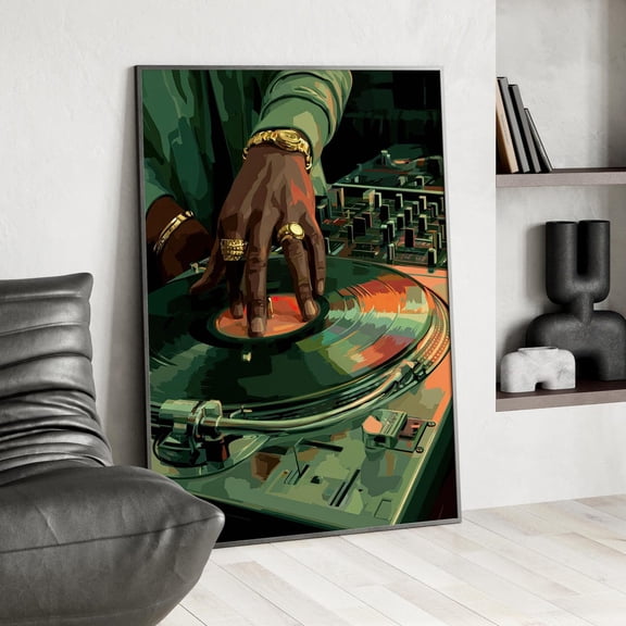 Turntable Olive Green Wall Art Poster Black Man's Hand With Gold Rings Vector Poster Vinyl Record Retro Lounge Music Decor Unframed Paper Print