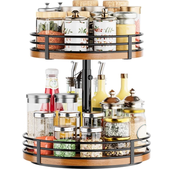 Turntable Organizer Adjustable - 2 Tier Wood Rotating Spice Rack 12 Inch Lazy Susan for Kitchen Countertop Cabinet Pantry Cupboard Dining Table Bathroom Coffee Bar Home Storage