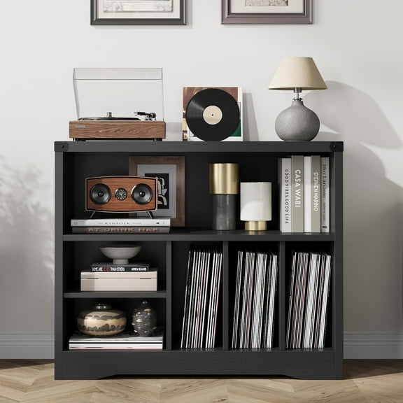 Turntable Stand Record Player Table Record Player Stand Cabinet with Storage, Turntable Stand with 6 Open Shelves Display Holder, Wooden CD Racks Organizer for Living Room