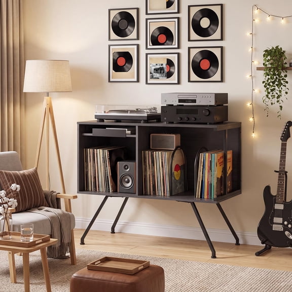 Turntable Stand with Vinyl Storage – 31.5" Record Player Stand Holds 160+ Albums, 2 U-Shaped Dividers, Dust-Block Flip Top Lid, Media Console for Bedroom