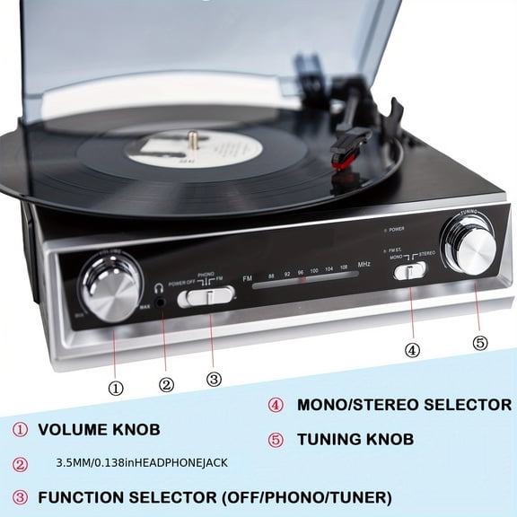 Turntable with Built-In Speaker, 3-Speed Belt-Drive Vinyl Player, FM Radio, 3.5mm/Line/Headphone Output Perfect Valentine's Gift