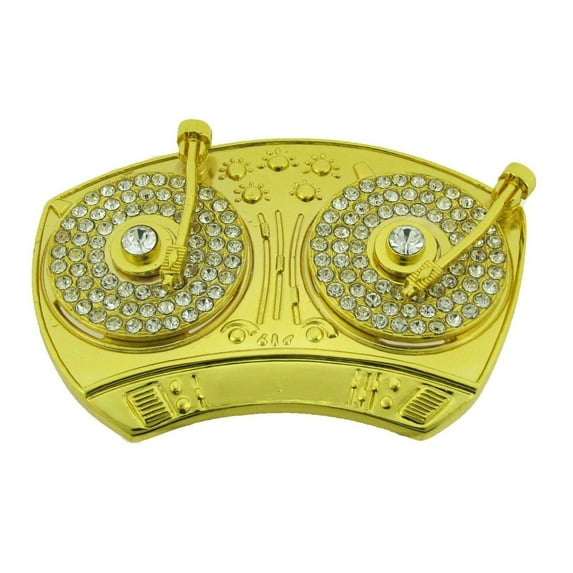 Turntables DJ Belt Buckle Blinged Gold Rhinestones Turntablist Hip Record Player