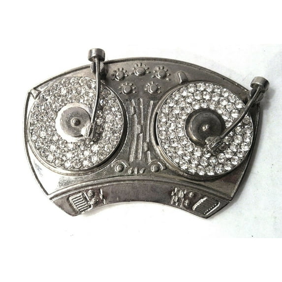 Turntables DJ Belt Buckle Blinged Silver Chrome Rhinestones New Unisex Hip Hop