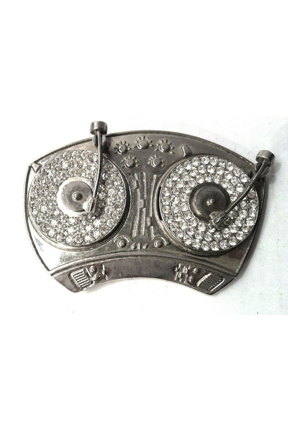 Turntables DJ Belt Buckle Blinged Silver Chrome Rhinestones New Unisex Hip Hop