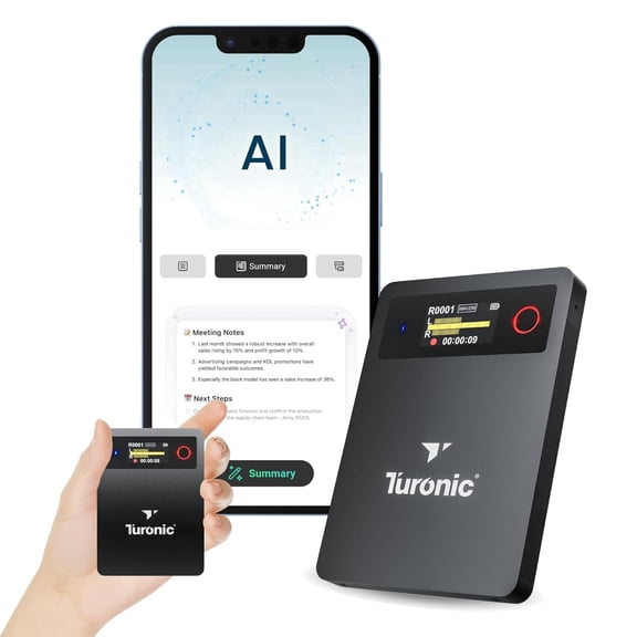 Turonic L813 AI Voice Recorder with AI Technology 128GB, USB-C, Dual Mics, Noise Canceling, Transcription, File Security, Compact Design for Work, Study, and Interviews