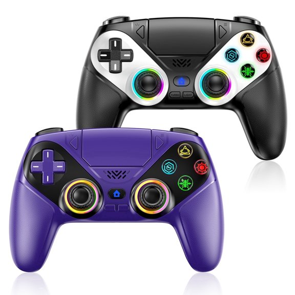 Turpow 2Pack LED Wireless Controller for P5, Seven Light Colors Compatible with P5 Pro/Slim/PC, 1000 mAn，Macro/Turbo Function,6-Axis Motion, Dual Vibration Contro Gamepad with Speaker(White)