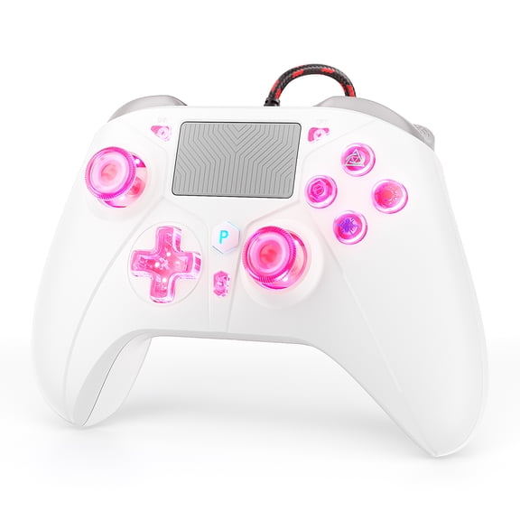 Turpow Wired Controller for P5, P4, PC, with RGB, Dual Vibration, Turbo, Macro, 3.5mm Audio Jack, Hall Effect Joysticks/Hall Trigger, 6-Axis Gyro, White