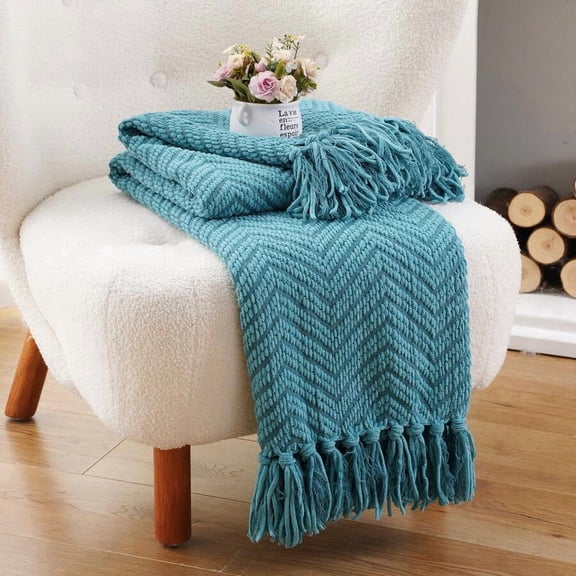 Turq-Green Knitted Chevron Throw Blanket With Tassels For Sofa Bed Home Decor
