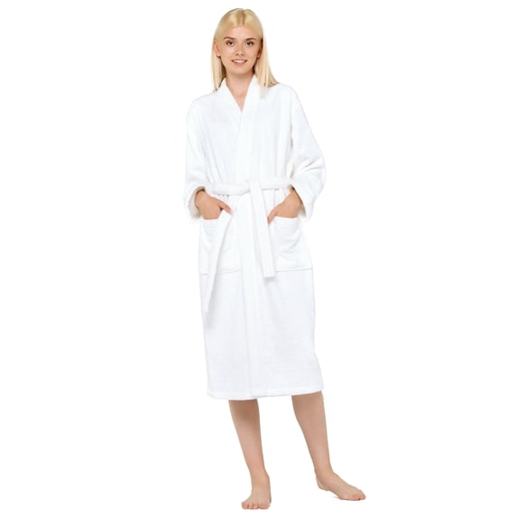 Turquaz Linen White Spa-Style Terry Cotton Kimono Bathrobe, One Size
