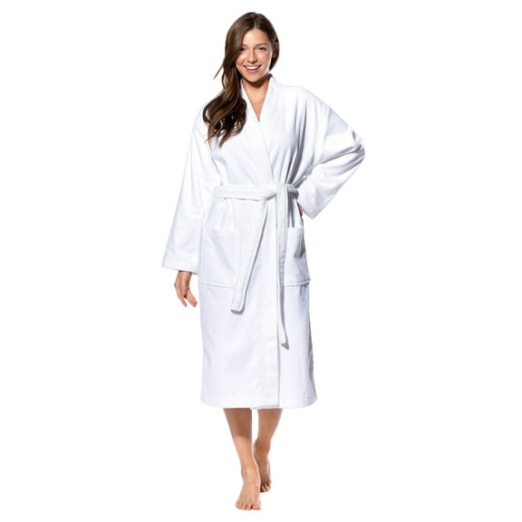 Turquaz Linen 100% Turkish Cotton White Terry / Velour Kimono Bathrobe (SM)
