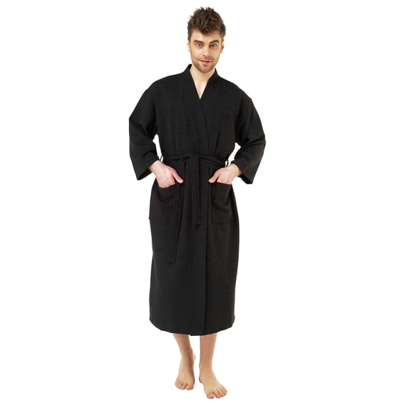 Turquaz Diamond Waffle Kimono Robe, Unisex, Black, S/M