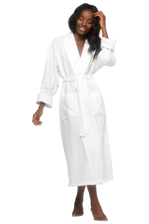 Linen Turkish Cotton Waffle Velour Shawl Unisex Bathrobe White One Size