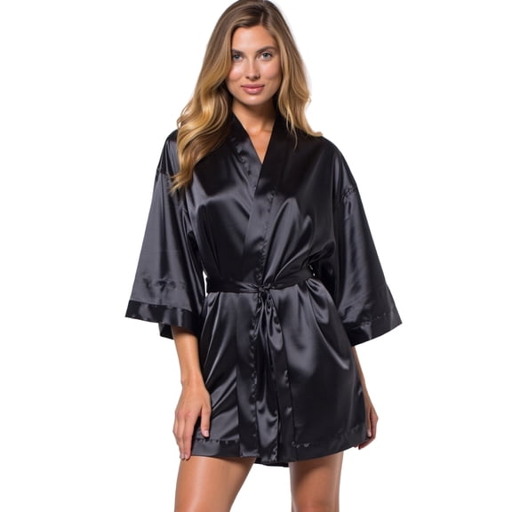 Turquaz Linen Black Satin Kimono Short Robe