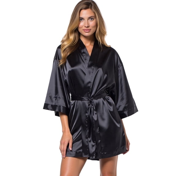 Turquaz Linen Black Satin Kimono Short Robe
