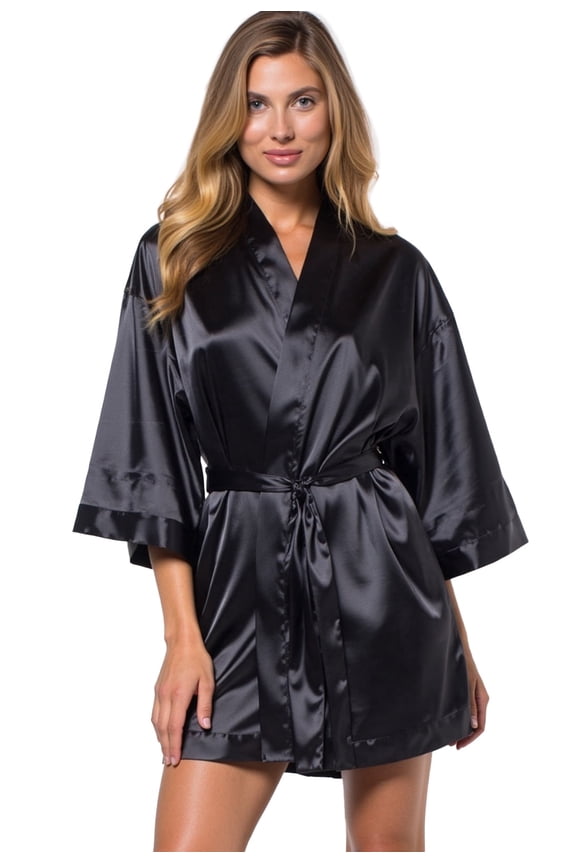 Black Satin Kimono Short Robe