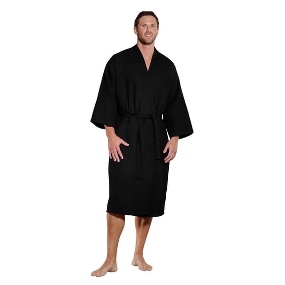 Turquaz Linen Lightweight Long Waffle Kimono Spa Robe for Men (Small/Medium, Black)