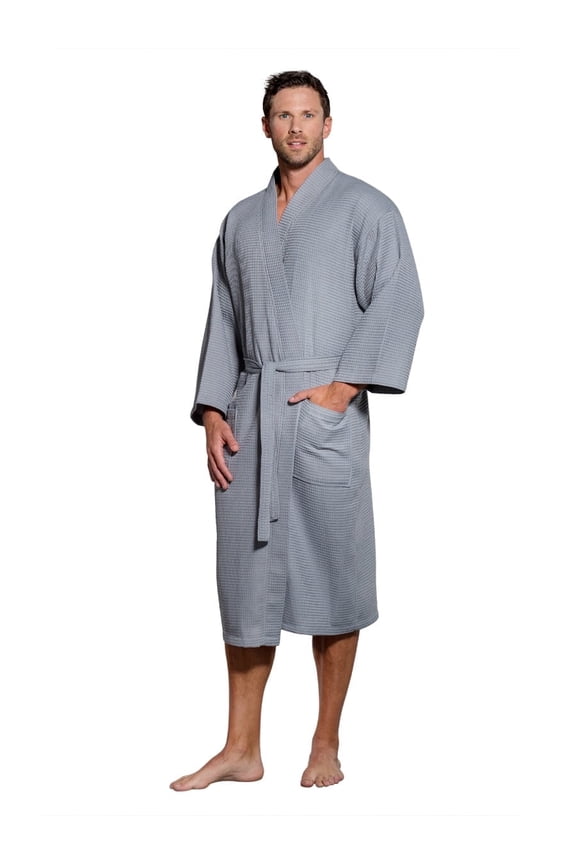 Lightweight Long Waffle Kimono Spa Robe for Men (Small/Medium, Gray)