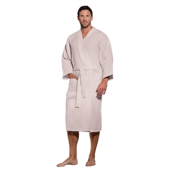 Turquaz Linen Lightweight Long Waffle Kimono Spa Robe for Men (Small/Medium, Taupe)