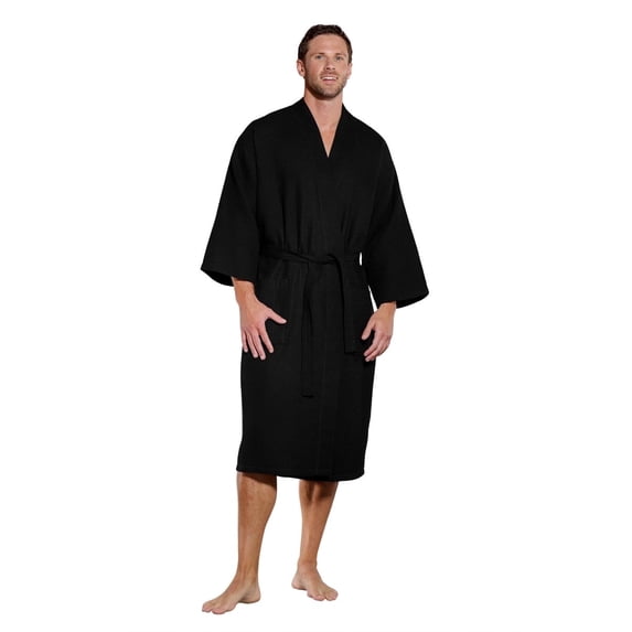 Turquaz Linen Lightweight Long Waffle Kimono Spa Robe for Men (XX-Large, Black)
