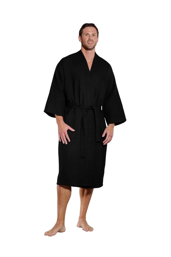 Lightweight Long Waffle Kimono Spa Robe for Men (XX-Large, Black)