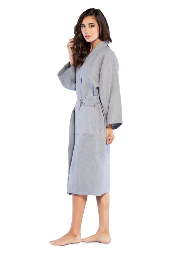 Lightweight Long Waffle Kimono Spa Robe for Women (One Size, Gray)