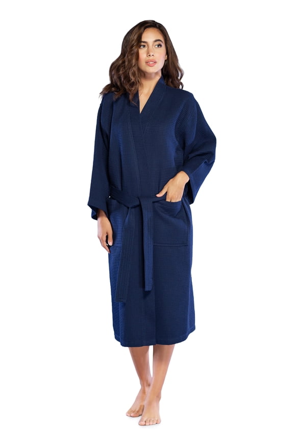 Lightweight Long Waffle Kimono Spa Robe for Women (One Size, Navy Blue)