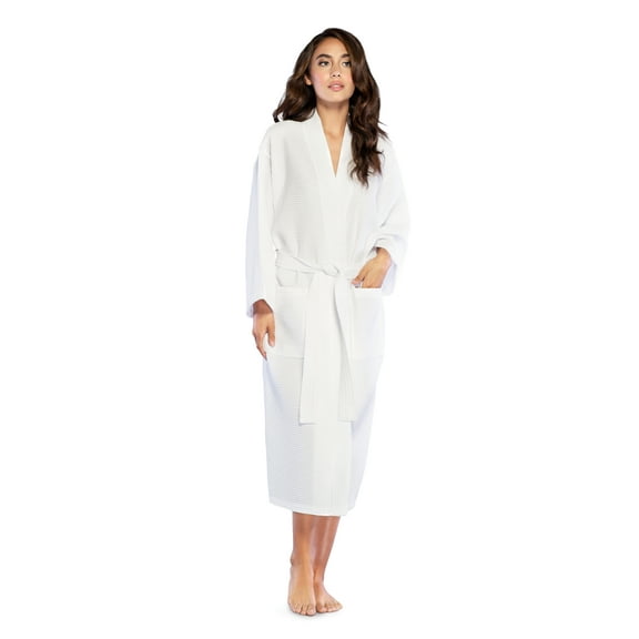 Turquaz Linen Lightweight Long Waffle Kimono Spa Robe for Women (One Size, White)