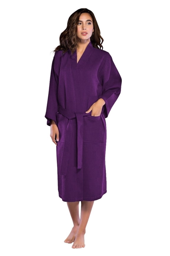 Linen Lightweight Long Waffle Kimono Unisex Spa Robe (Small/Medium, Purple)