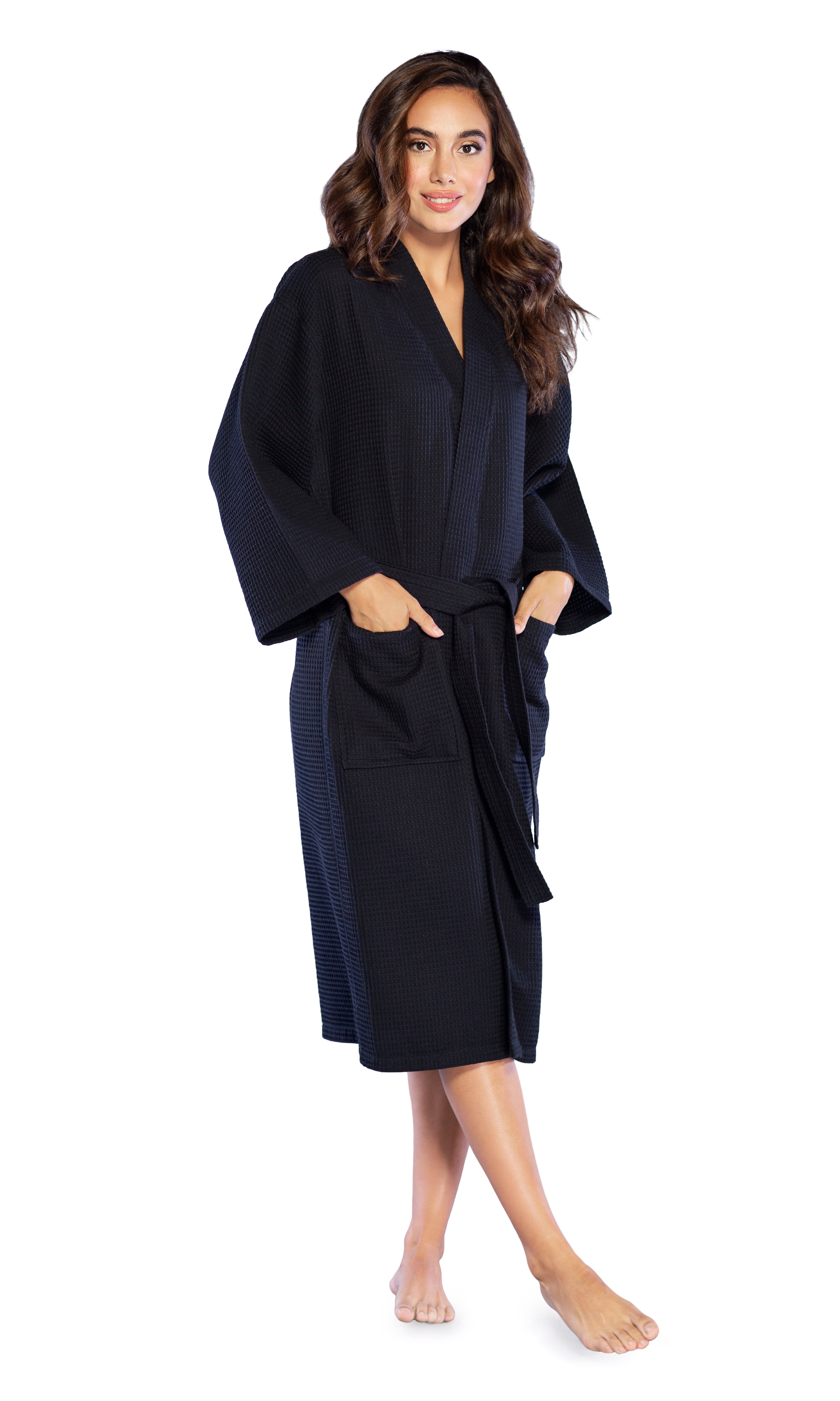 Black Cotton Blend Waffle Kimono Spa Robe, One Size