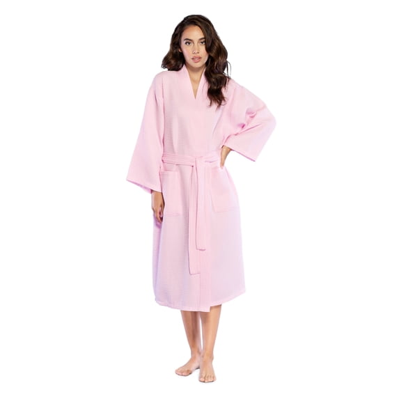 Turquaz Linen Lightweight Long Waffle Kimono Spa Robe for Women (XX-Large, Pink)