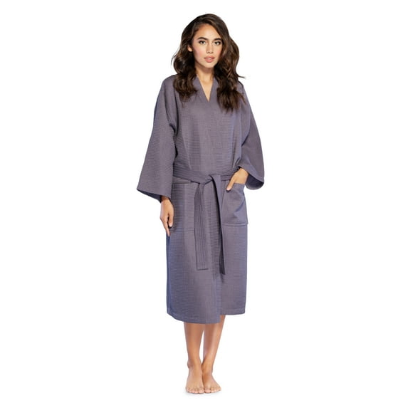 Turquaz Linen Lightweight Long Waffle Kimono Spa Robe for Women (XXL, Charcoal)