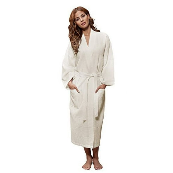 Turquaz Linen Lightweight Long Waffle Kimono Unisex Spa Robe (Small/Medium, Beige)