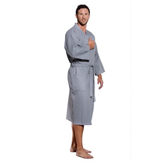 Turquaz Linen Lightweight Long Waffle Kimono Unisex Spa Robe (Small/Medium, Gray)