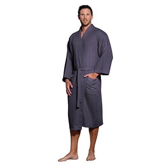 Turquaz Linen Lightweight Long Waffle Kimono Unisex Spa Robe (XXL, Charcoal)