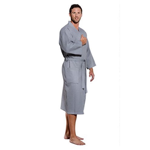Turquaz Linen Lightweight Long Waffle Kimono Unisex Spa Robe (XXL, Gray)
