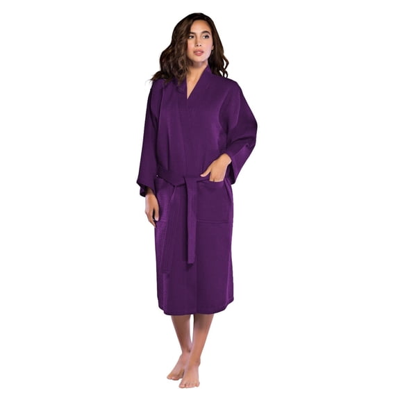 Turquaz Linen Lightweight Long Waffle Kimono Unisex Spa Robe (XXL, Purple)
