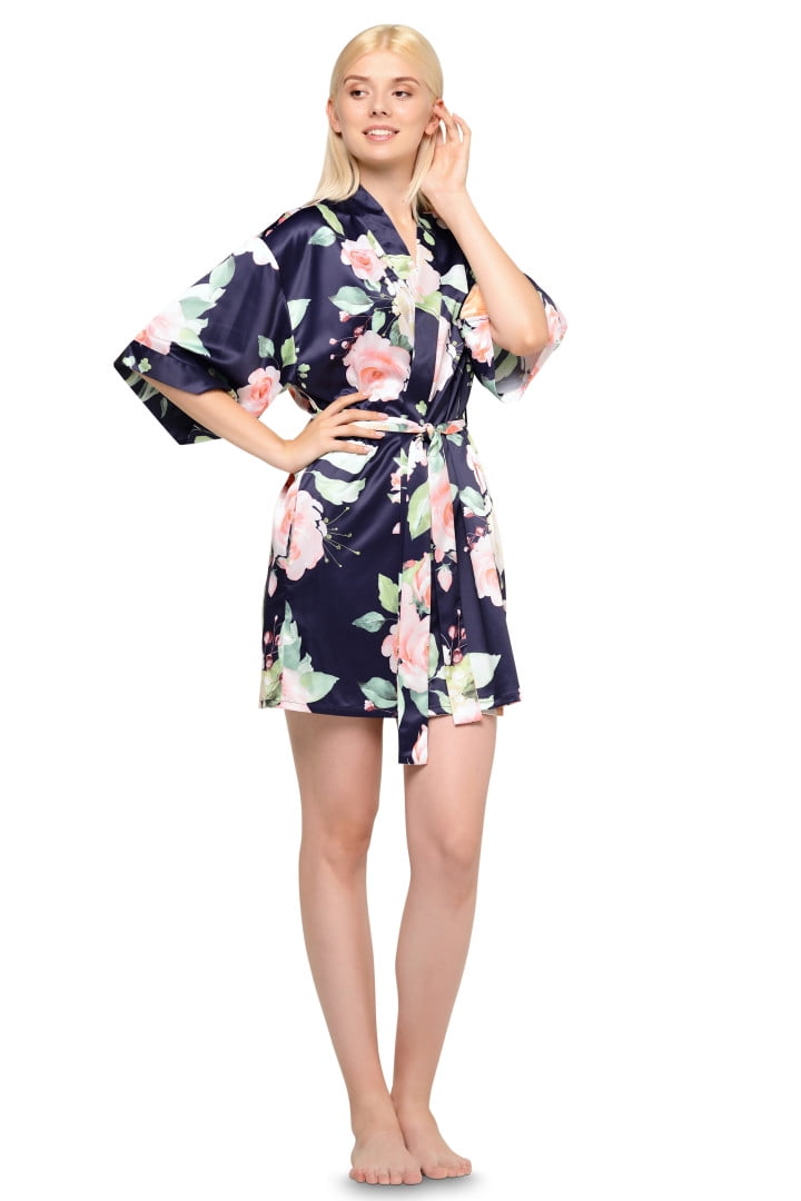 Turquaz Linen Navy Blue Carmen Floral Satin Kimono Short Robe Turquaz Linen Navy Blue Carmen Floral Satin Kimono Short Robe