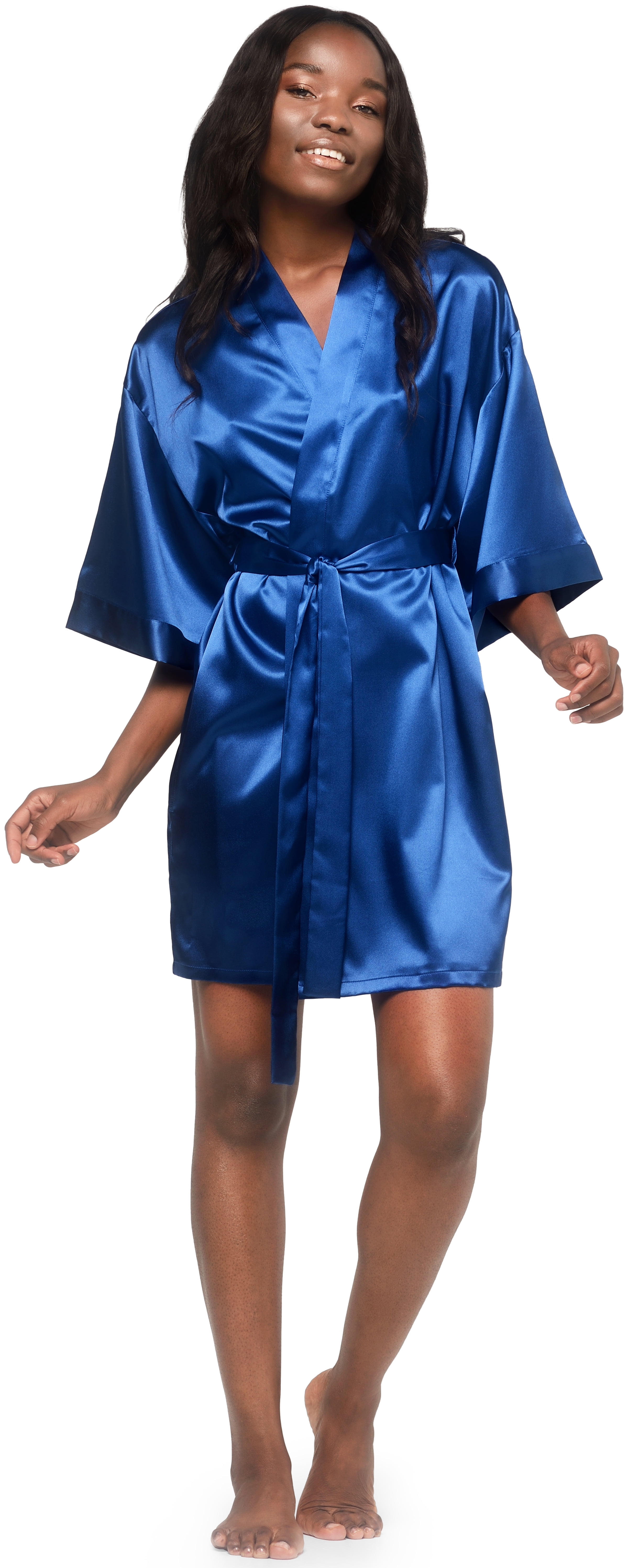 Short Blue Robe Turquaz Linen Navy Blue Satin Kimono Short Robe - Walmart.com