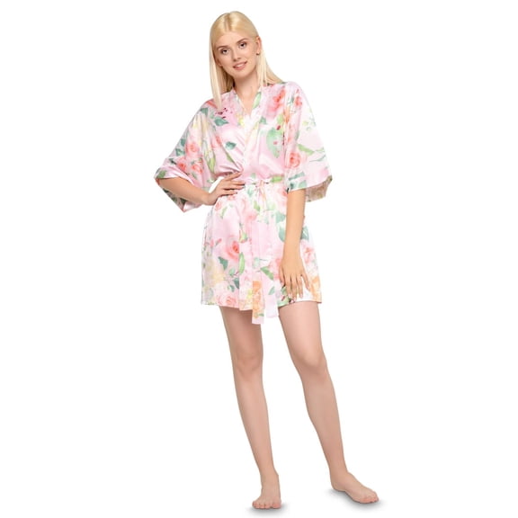 Turquaz Linen Pink Carmen Floral Satin Kimono Short Robe
