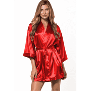Turquaz Linen Red Satin Kimono Short Robe