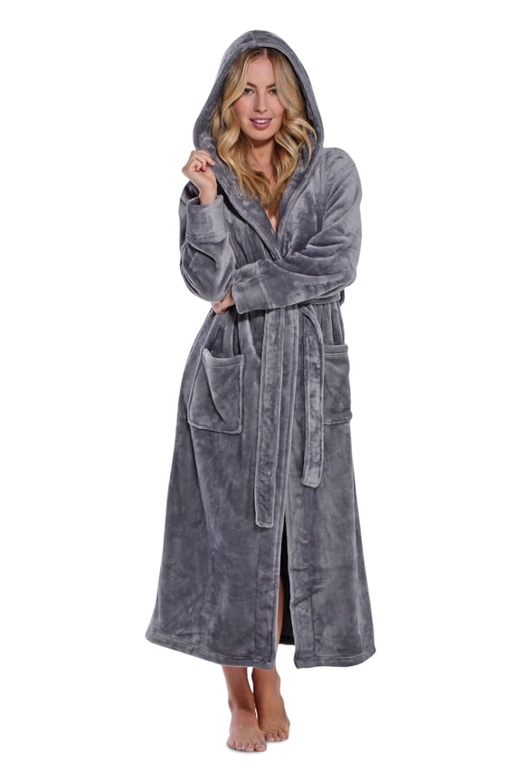 Linen Women's Super Soft Plush Hooded Fleece Robe, Gray, XL