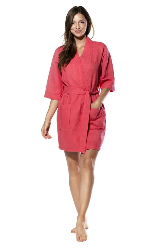Thigh Length Waffle Kimono Bridesmaids Spa Robe (Coral, XXL)