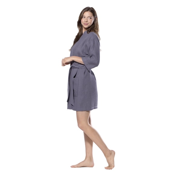 Turquaz Linen Waffle Kimono Charcoal Gray Short Robe Square Pattern