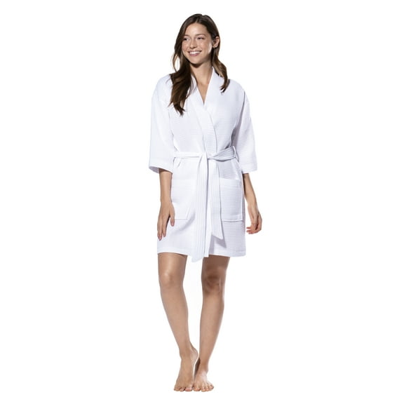 Turquaz Linen Waffle Kimono White Short Robe Square Pattern