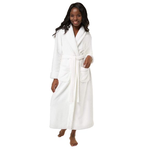Turquaz Linen Women’s Long Plush Fleece Bathrobe with Pockets (White, L)