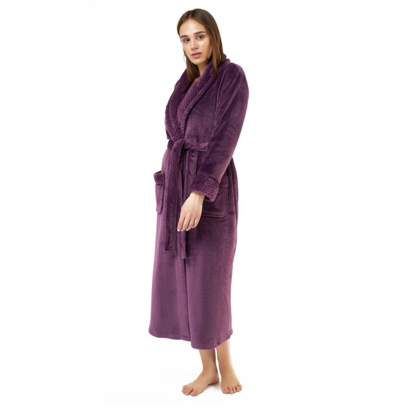 Turquaz Linen Women’s Long Plush Fleece Bathrobe with Pockets (Purple, S)