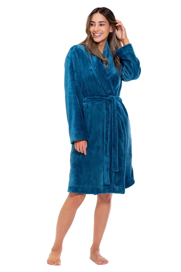 Linen Women’s Fleece Shawl Collar Soft Plush Knee Length Spa Robe (Harbor Blue, L)